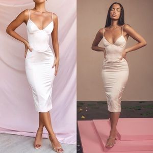 HOUSE OF CB 'Gisele' Peony Satin Corset Midi Dress